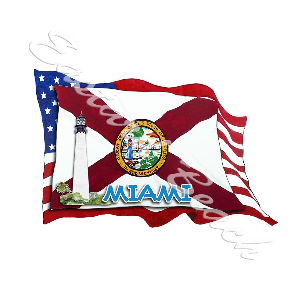 USA/FL Flags w/ Lighthouse- Miami