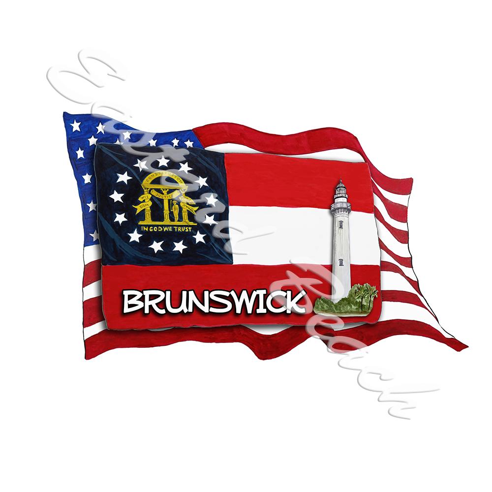 USA/GA Flags w/ Lighthouse- Brunswick